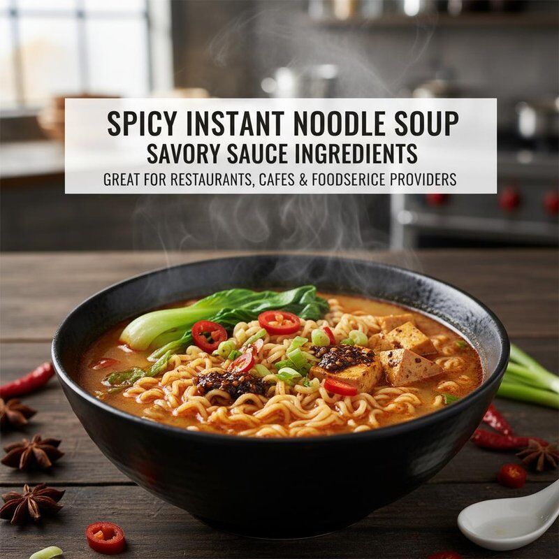Zuppa di noodle istantanea piccante preparata utilizzando ingredienti di salsa salata, ideale per ristoranti, caffè e fornitori di servizi di ristorazione